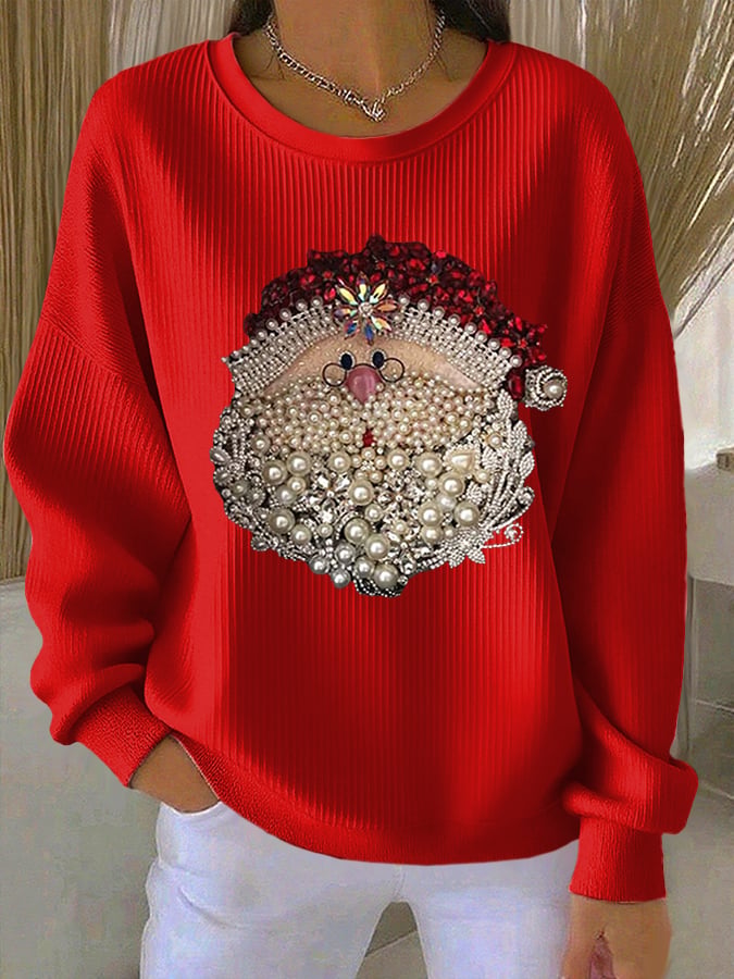 Women's Santa Claus Printed Ribbed Crew Neck Sweatshirt
