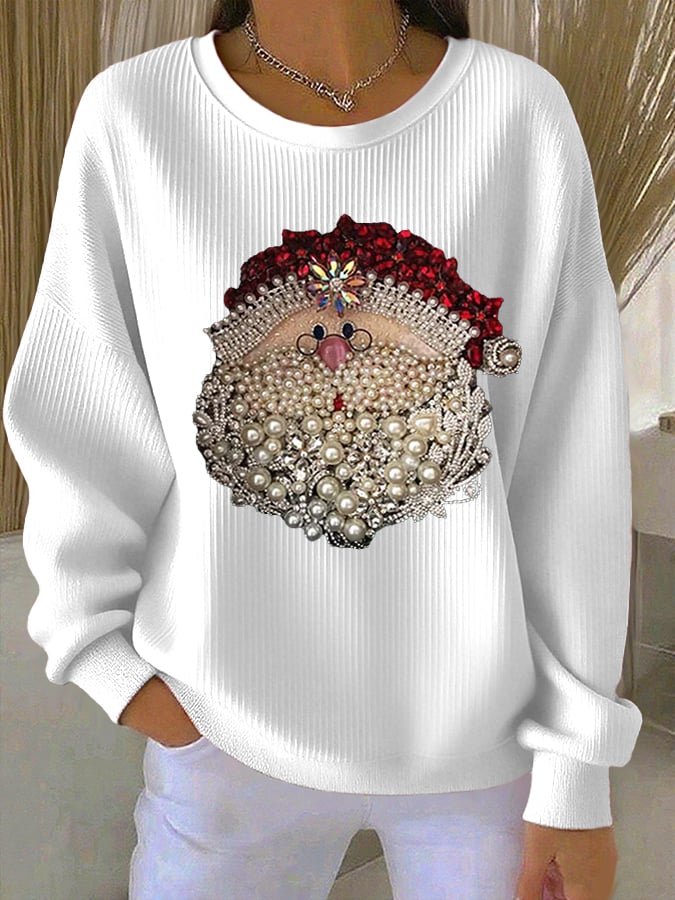 Women's Santa Claus Printed Ribbed Crew Neck Sweatshirt