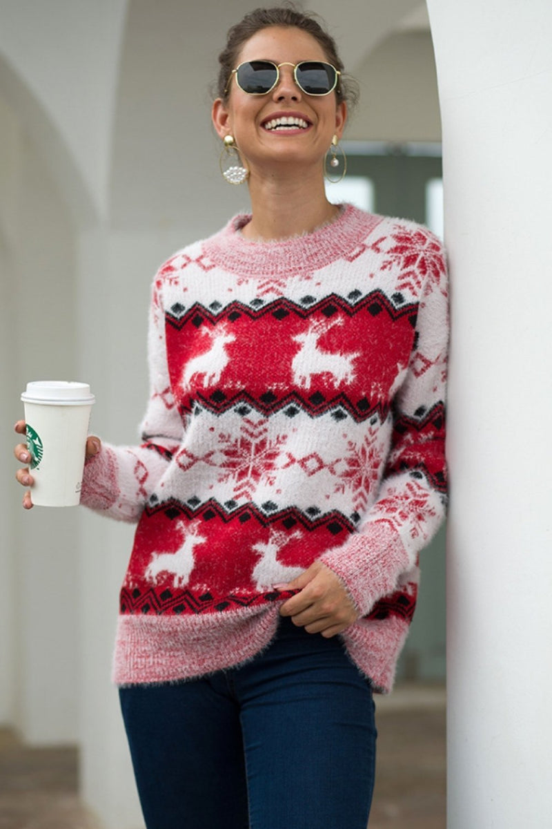 Striped Christmas Snow Deer Sweater