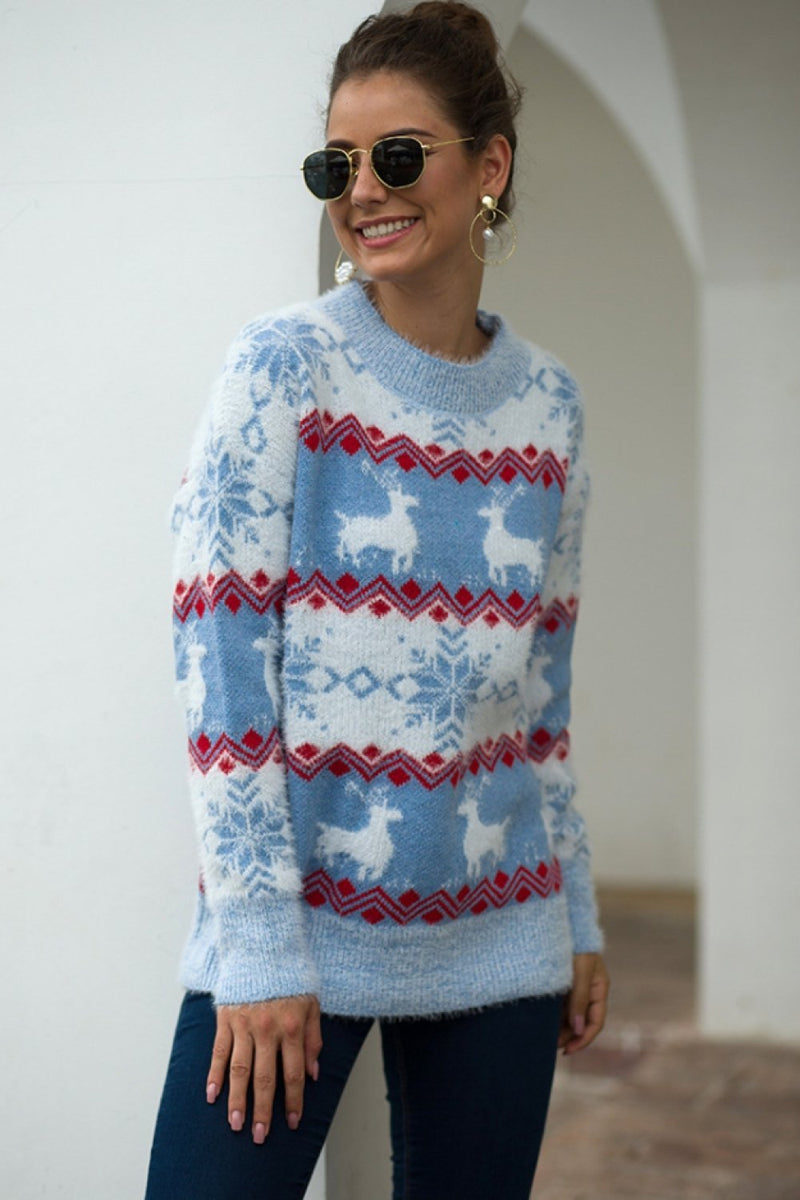Striped Christmas Snow Deer Sweater