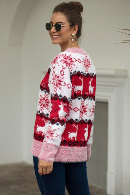 Striped Christmas Snow Deer Sweater