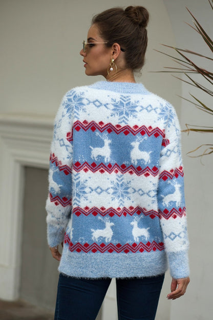Striped Christmas Snow Deer Sweater