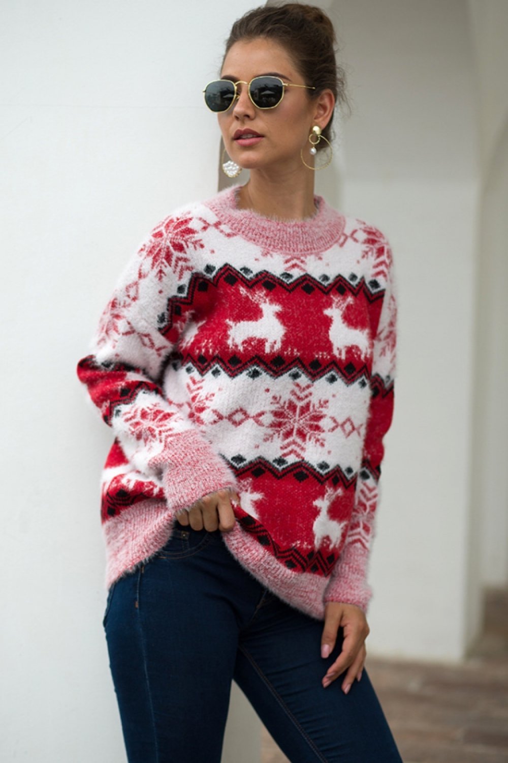 Striped Christmas Snow Deer Sweater
