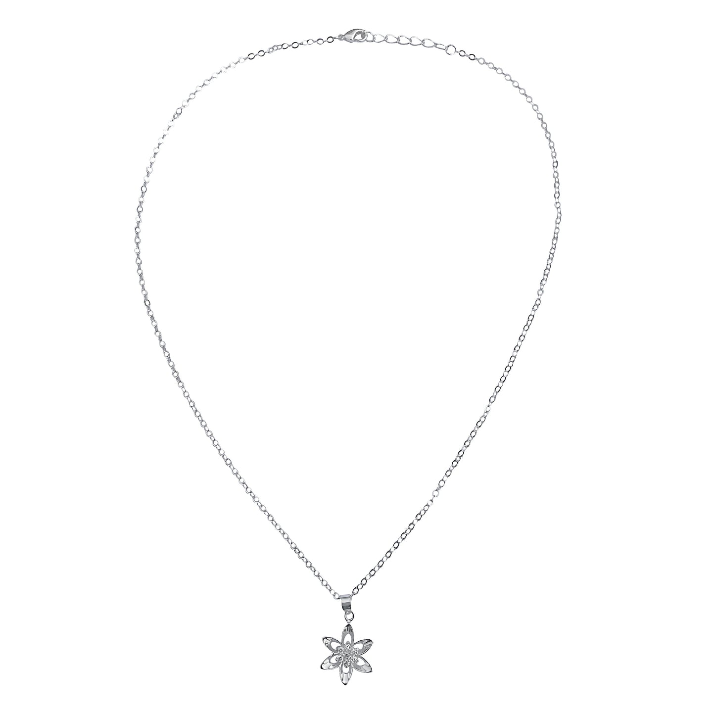 Sterling Silver Mini Cubic Zirconia Flower Pendant on Silver Cable Chain Necklace, 18" With Extender