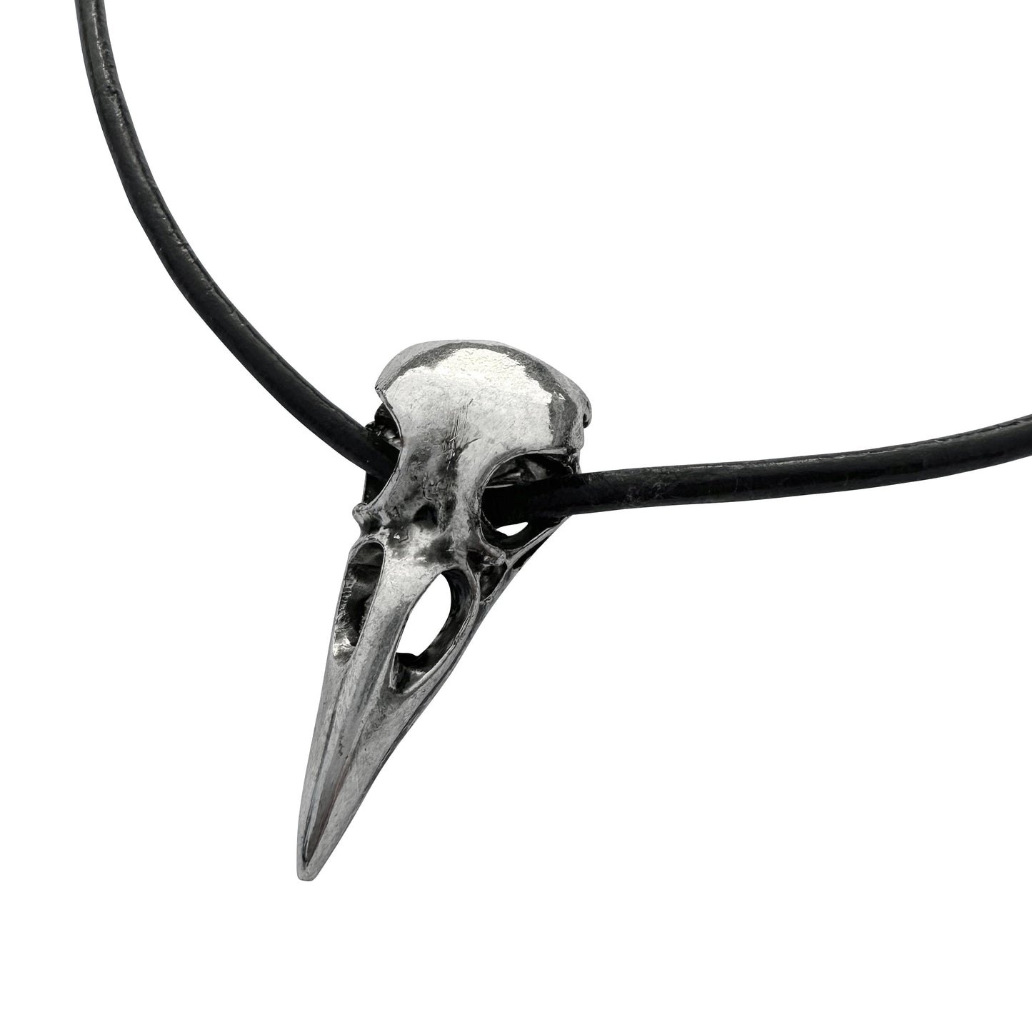 Large Silver Raven Skull on Thick Black Leather Necklace Cord - 22 Inches