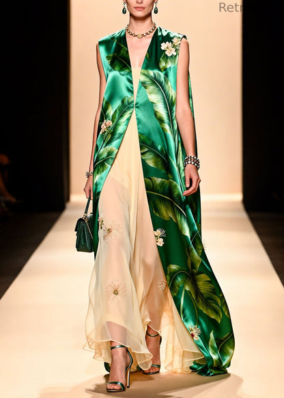 Italian Green Print Silk Cardigans and Chiffon Dresses Two Pieces Set Summer