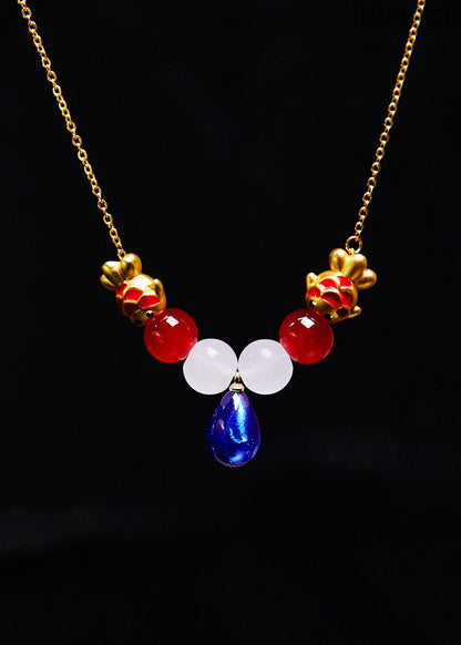 Fine Blue Water Droplet Gem Stone Goldfish Pendant Necklace