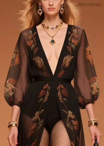 Black Print Draping Chiffon Upf 50+ Beach Cardigan Summer