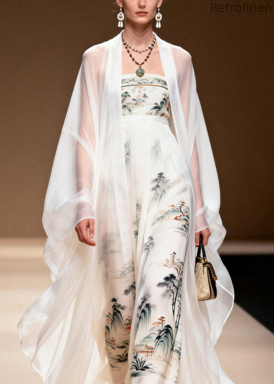 White Cardigans and Dress Print Chiffon Two Pieces Set Spring