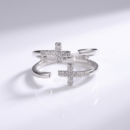 Double Cross Silver & Diamond Ring - (adjustable)
